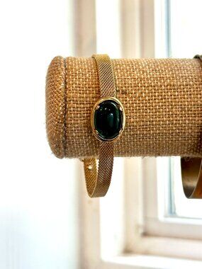 Vintage Mesh Buckle Bracelet Gold Tone & Green Stone